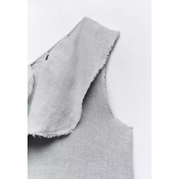 Gray Zara Linen Asymmetrical One Shoulder Ruffle Raw Hem Boho Blouse Top (NWT) - Picture 2 of 8
